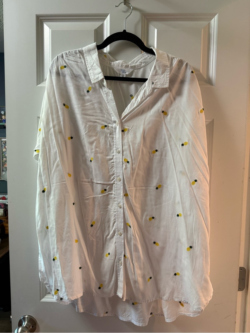 Time and Tru White Button-Up Blouse with Yellow Pineapple Motif
